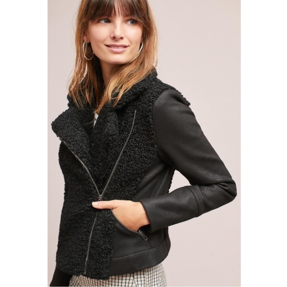 ANTHROPOLOGIE Greylin Sherpa Moto Jacket Black S